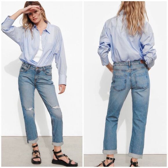 NWT Zara Relaxed Fit Low Rise Ankle Length Comfort Distressed Jeans Size 8 - Picture 1 of 10